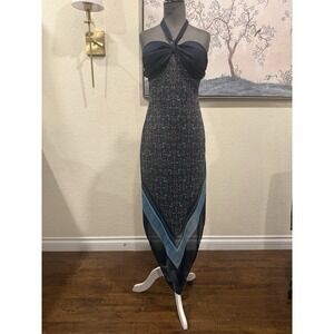 Charlotte Russe Geometric Chiffon Halter Maxi Dress Navy Knot Tie Lined Size L